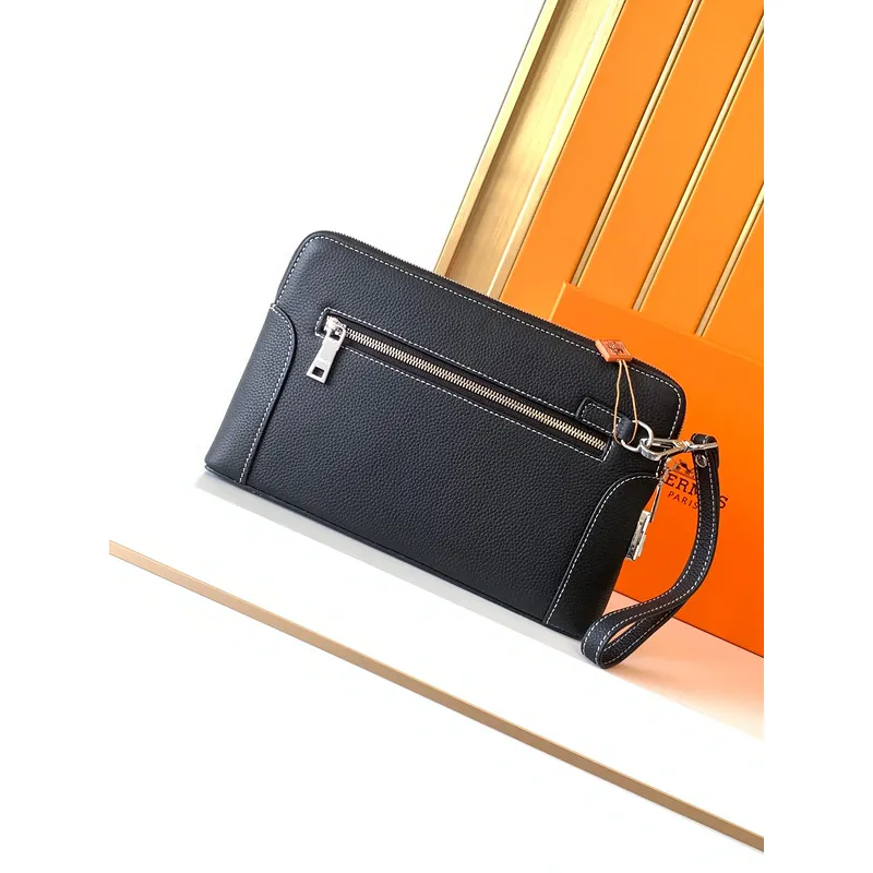 Hermès Leather Zip - Around Wristlet Clutches In Brown And Black With Branded Detailing #A50707
