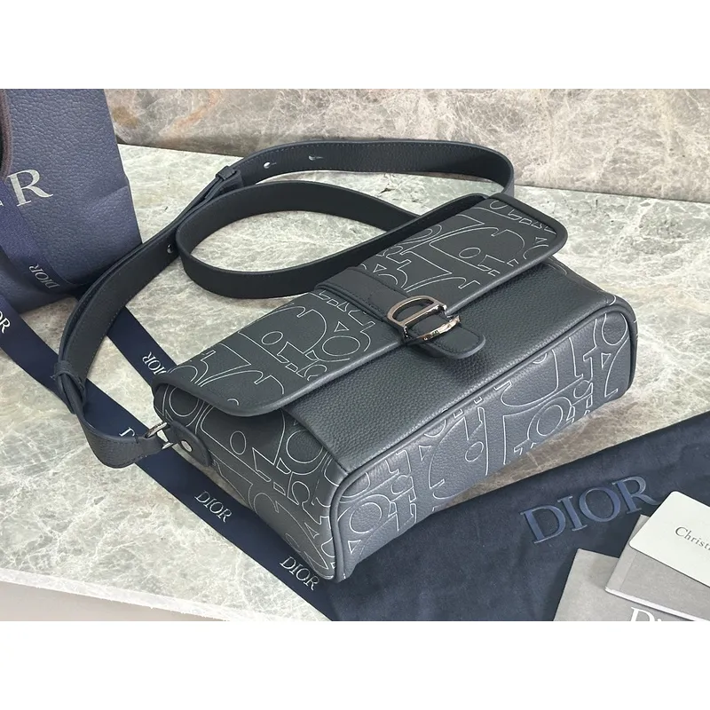 D-ior - Inspired Embossed Leather Crossbody Bag in Navy Blue size:28×18×9.5cm #A53899