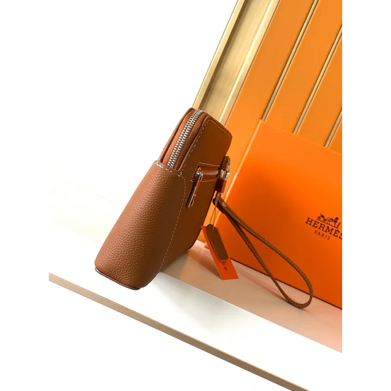 Hermès Leather Zip - Around Wristlet Clutches In Brown And Black With Branded Detailing #A50707