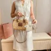 Miu Miu Woven Rattan Handbag With Leather Trim And Brand Plaque #A50907