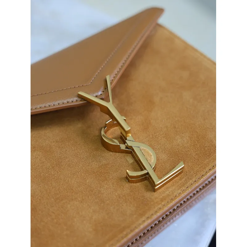 SAINT LAURENT Cassandra Envelope Crossbody Bag Set – Tan Leather-Suede & Black Velvet with Gold YSL Logo (Detachable Chain Strap) #A58773