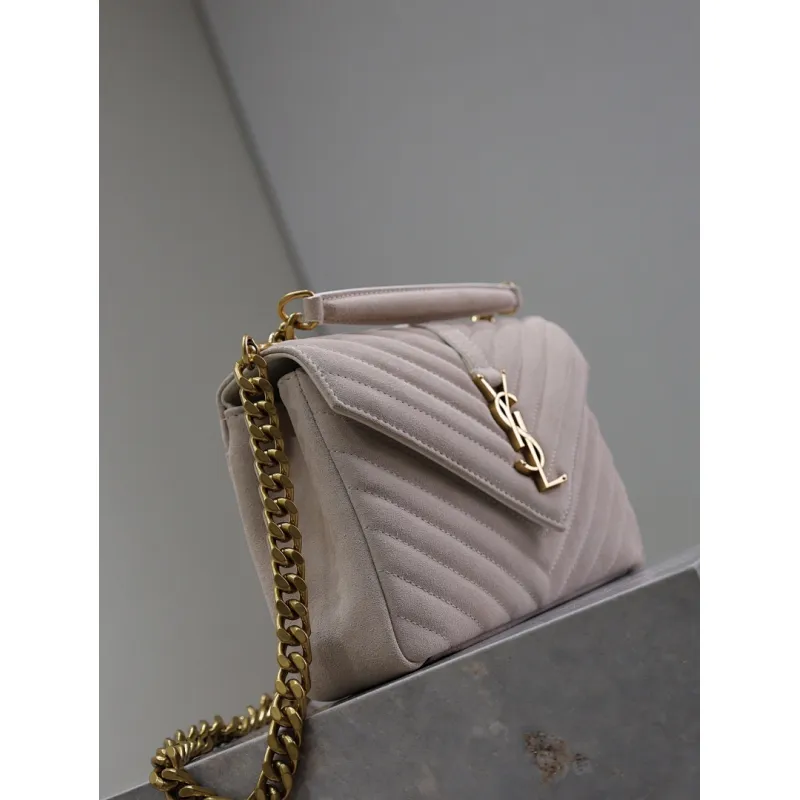 SAINT LAURENT Loulou Small Envelope Crossbody Bag – Blush Suede with Chevron Quilt & Gold YSL Logo (Detachable Chain Strap) #A58780 SAINT LAURENT Loulou Small Envelope Crossbody Bag – Blush Suede with Chevron Quilt & Gold YSL Logo (Detachable Chain Strap) #A58780