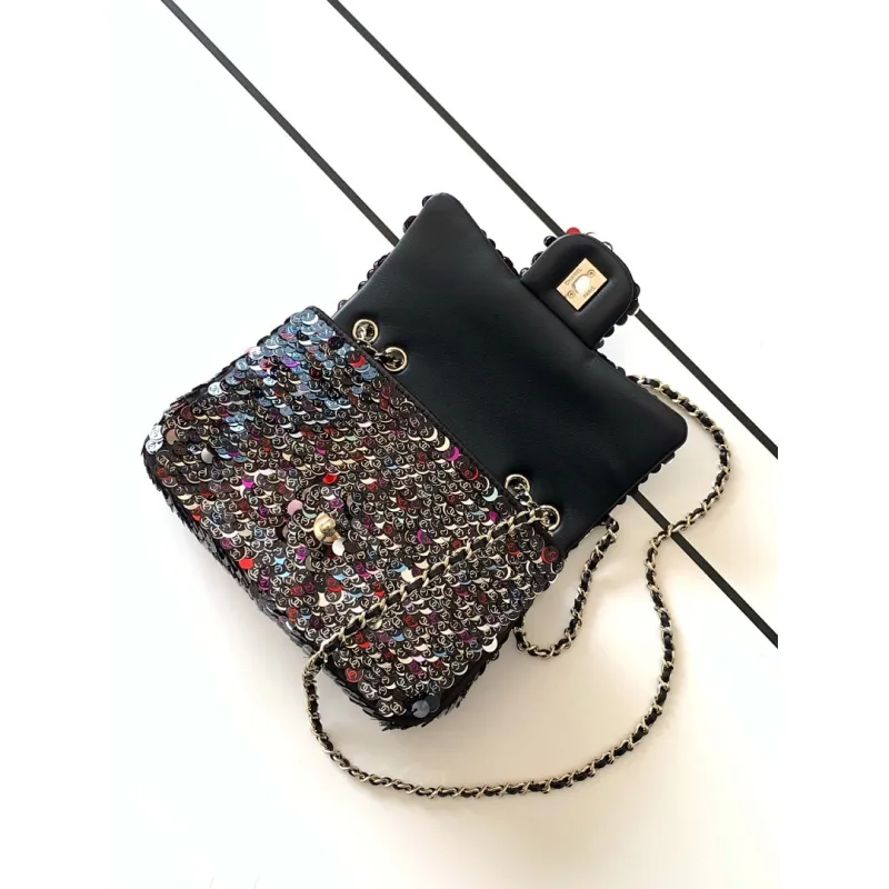 2026 Chanel SO BLACK Sequin Bag Sparkly Double C  Edgy  Cool Perfect for Fall Winter #A60145