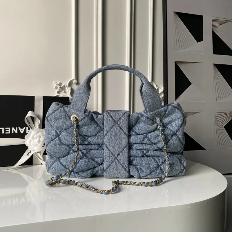 Chanel Womens Denim Handbag - Quilted Design, Blue Denim Fabric, Gold-Tone CC Logo & Chain Strap, Stylish Top-Handle Bag for Luxury Fashion #A56745
