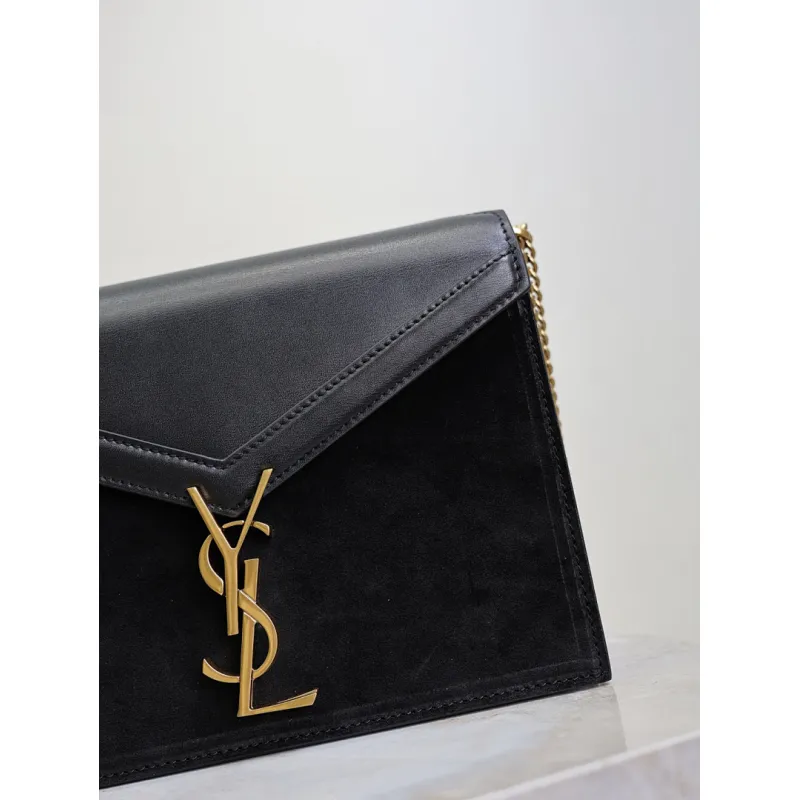 SAINT LAURENT Cassandra Envelope Crossbody Bag Set – Tan Leather-Suede & Black Velvet with Gold YSL Logo (Detachable Chain Strap) #A58773