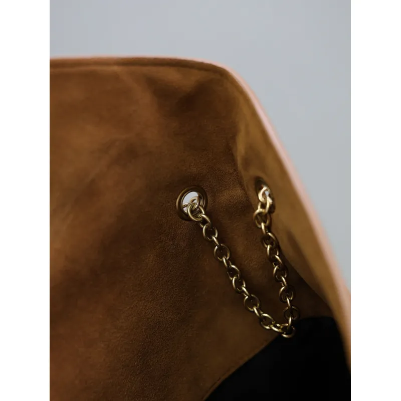 SAINT LAURENT Cassandra Large Envelope Shoulder Bag – Tan Suede with Gold YSL Logo (Detachable Chain Strap) #A58782