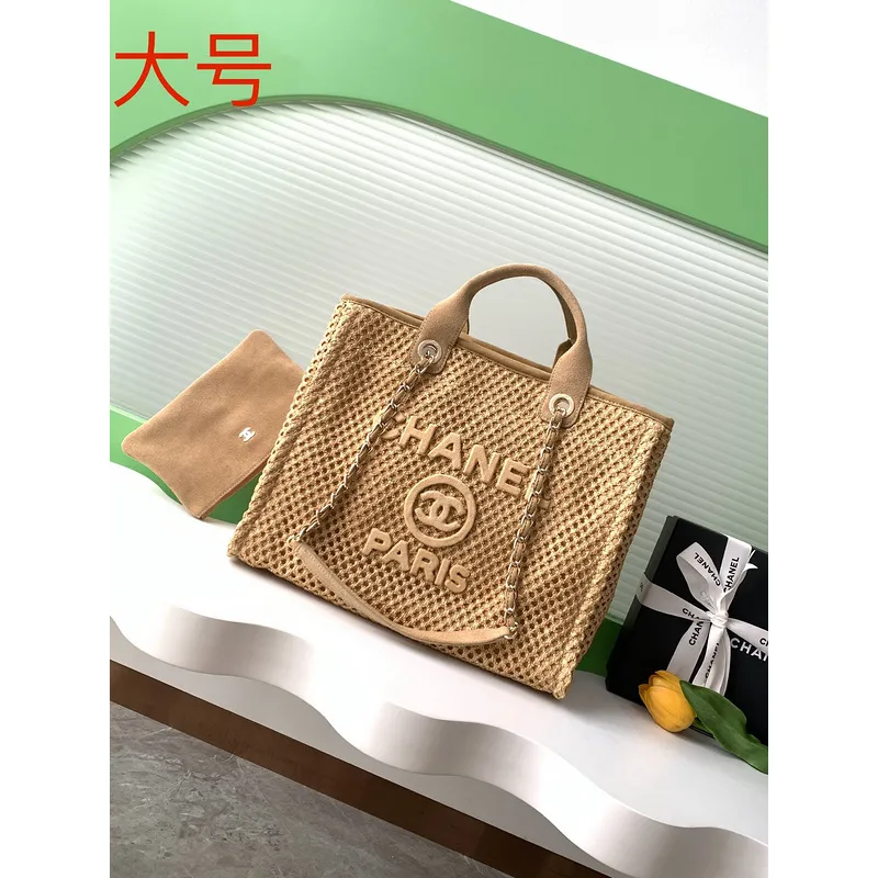 Chanel Woven Tote Textured Raffia Signature Logo &amp Chain Embracing Summer Elegance size38 #A54203