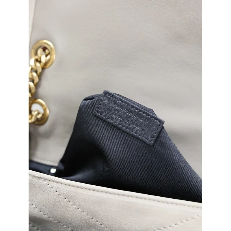 SAINT LAURENT Loulou Medium Shoulder Bag – Light Beige Suede with Chevron Quilt & Tone-On-Tone YSL Logo (Convertible Chain Strap) #A58775