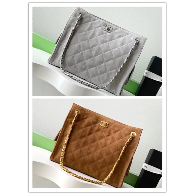 Chanel Quilted Suede Tote Bags With Iconic Chain Straps In Dual Tones #A50980