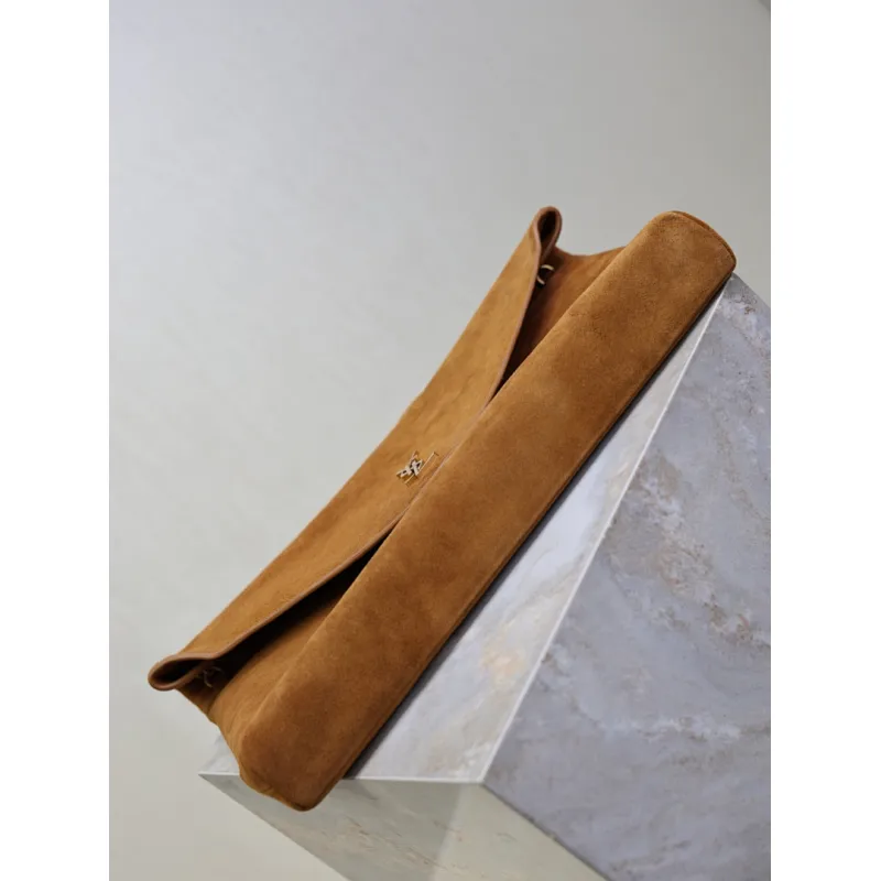 SAINT LAURENT Cassandra Large Envelope Shoulder Bag – Tan Suede with Gold YSL Logo (Detachable Chain Strap) #A58782