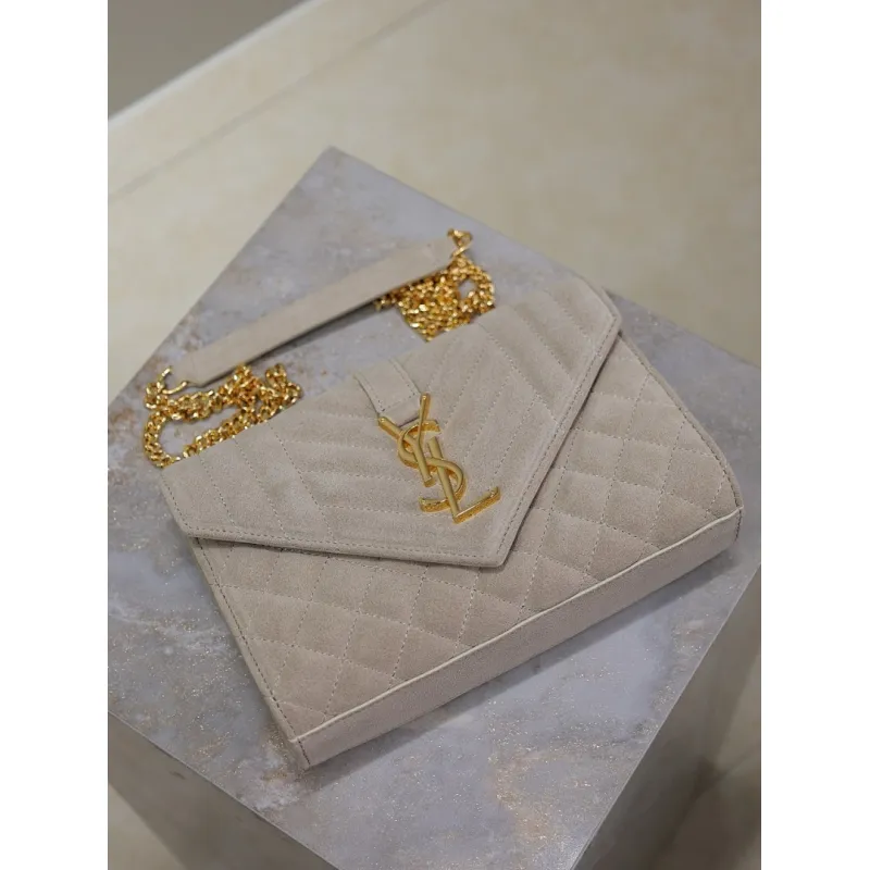 SAINT LAURENT Cassandra Envelope Crossbody Bag Set – Tan Leather-Suede & Black Velvet with Gold YSL Logo (Detachable Chain Strap) #A58774