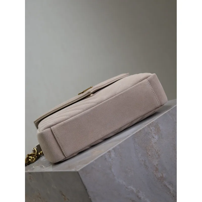 SAINT LAURENT Loulou Small Envelope Crossbody Bag – Blush Suede with Chevron Quilt & Gold YSL Logo (Detachable Chain Strap) #A58780 SAINT LAURENT Loulou Small Envelope Crossbody Bag – Blush Suede with Chevron Quilt & Gold YSL Logo (Detachable Chain Strap) #A58780