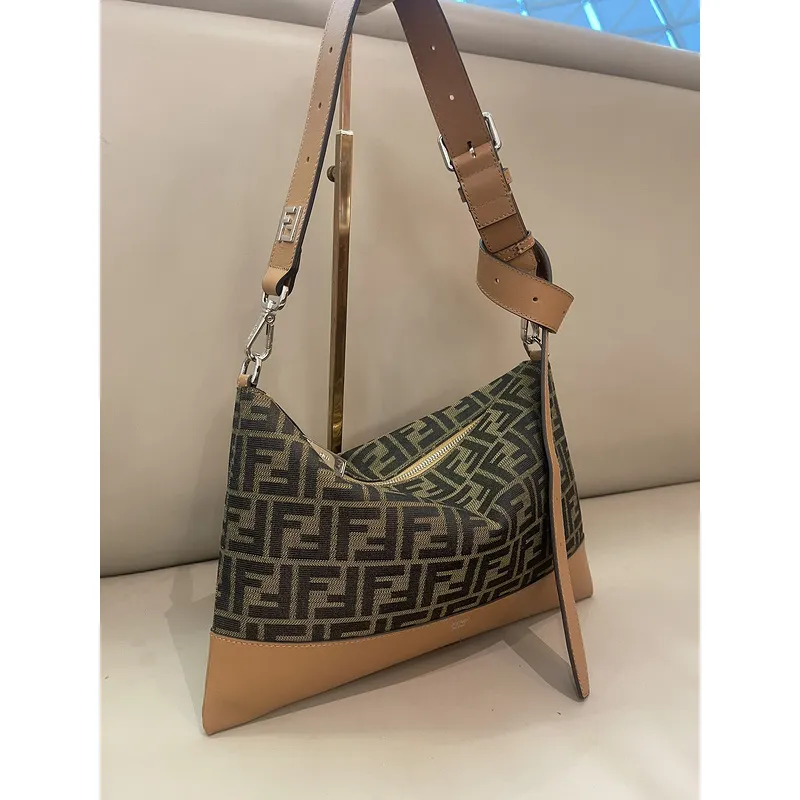 Fendi Brown And Beige FF Logo Jacquard Fabric Shoulder Bag With Leather Trims size:34×22 #A54307 Fendi Brown And Beige FF Logo Jacquard Fabric Shoulder Bag With Leather Trims size:34×22 #A54307