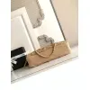 Chanel Womens Evening Bag - Beige Textured Fabric with Fringe Details, Gold-Tone CC Logo & Chain Strap, Luxury Clutch for Elegant Occasions #A56743