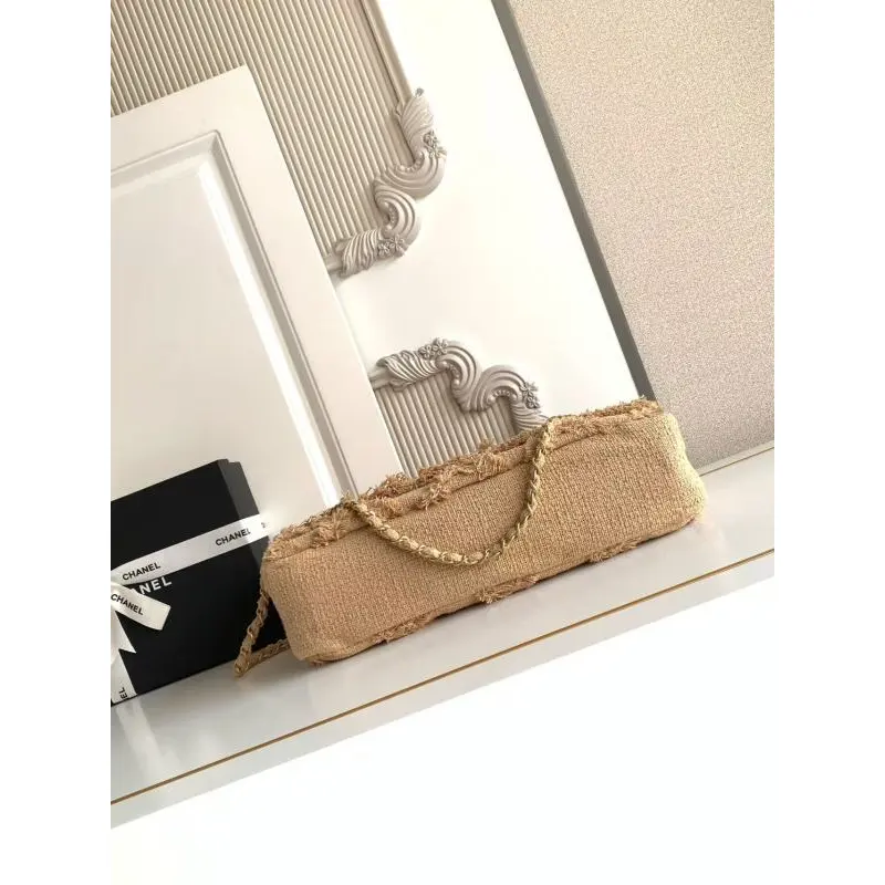 Chanel Womens Evening Bag - Beige Textured Fabric with Fringe Details, Gold-Tone CC Logo & Chain Strap, Luxury Clutch for Elegant Occasions #A56743
