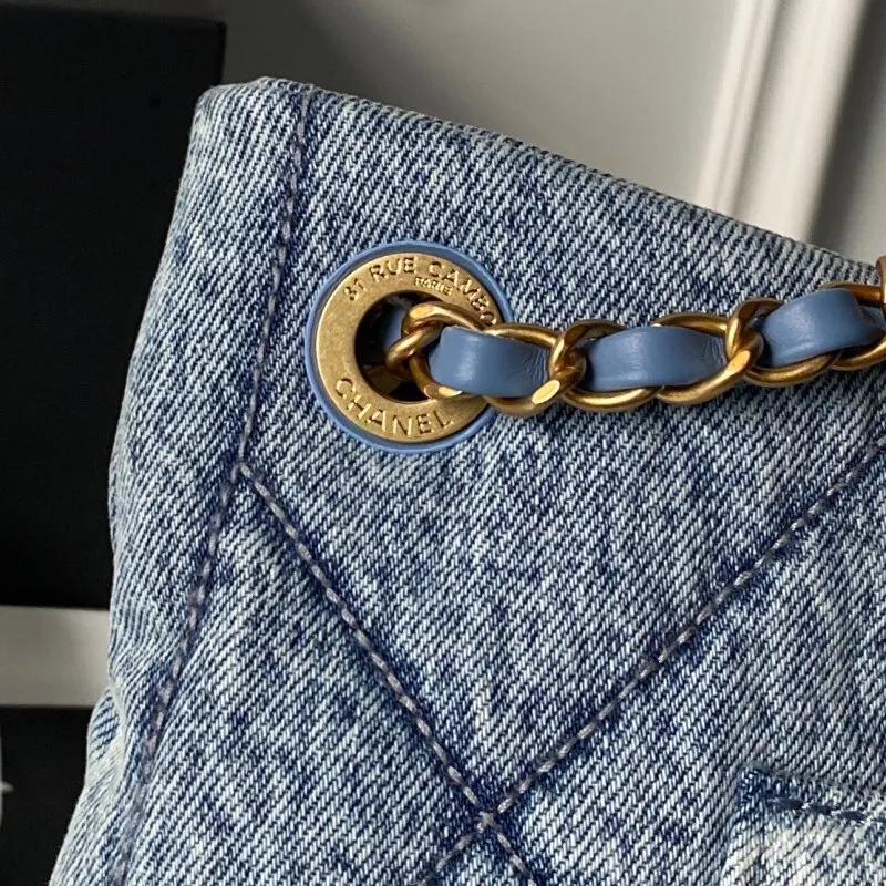Chanel Womens Denim Tote Bag - Quilted Design, Light Blue Denim Fabric, Gold-Tone CC Logo & Chain Strap with Lock Detail, Spacious Luxury Handbag with Functional Pockets #A56747