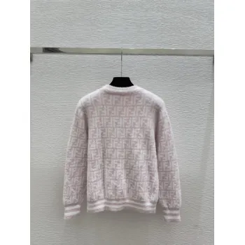 F*ndi Womens Luxurious Fuzzy Knit Cardigan Featuring Pink and White FF Monogram and Contrast Trims #A5634055555