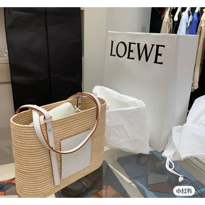 LOEWE Straw Tote Bag With White Leather Logo Patch And Dual Handles size:30×21×11cm #A54072