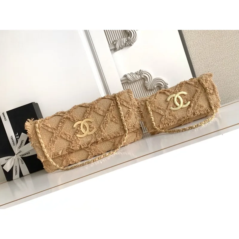 Chanel Womens Evening Bag - Beige Textured Fabric with Fringe Details, Gold-Tone CC Logo & Chain Strap, Luxury Clutch for Elegant Occasions #A56743