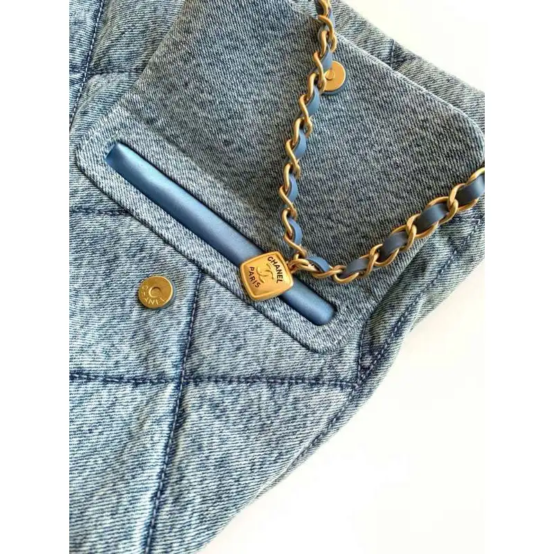 Chanel Womens Denim Shoulder Bag - Quilted Design, Gold-Tone CC Logo & Chain Strap, Stylish Denim Flap Bag with Functional Pockets for Luxury Fashion #A56742