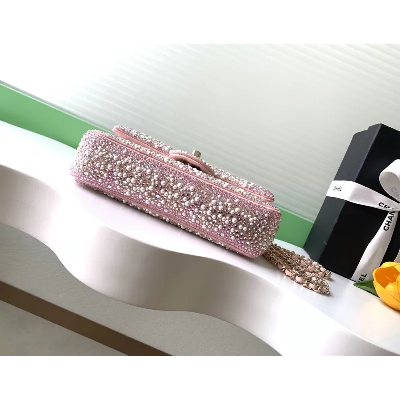 Chanel Pink Crystal Embellished Evening Bag 13x21x8cm #A64993