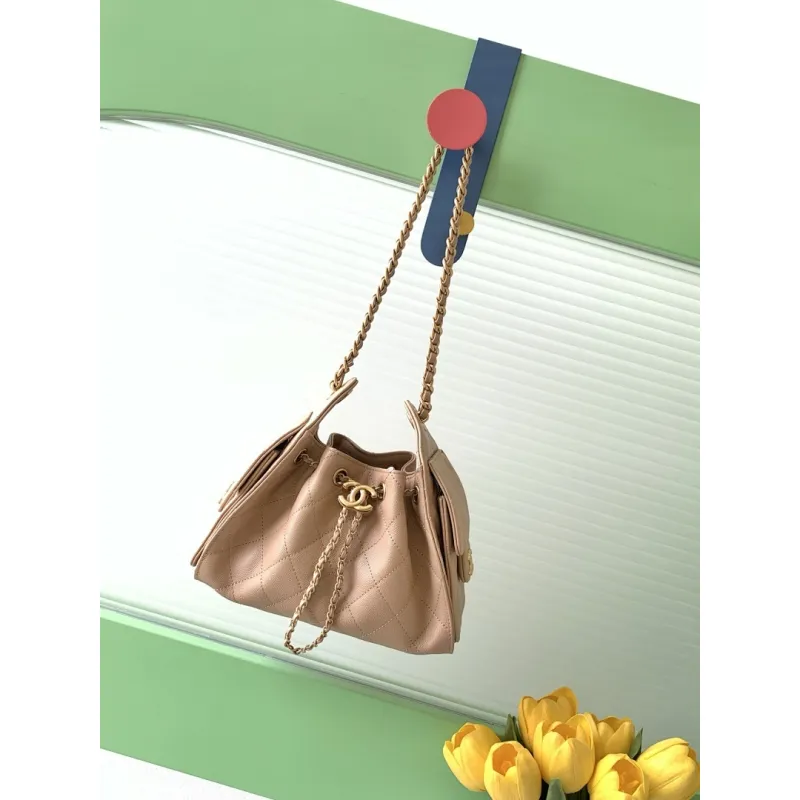 Chanel Hobo Shoulder Bag  Hippie Style Vintage Gold Coin Button Drawstring Bucket Bag #A59440
