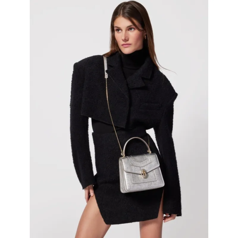 Bvlgari Serpenti Metallic Silver Top Handle Bag With Iconic Motif #A51653