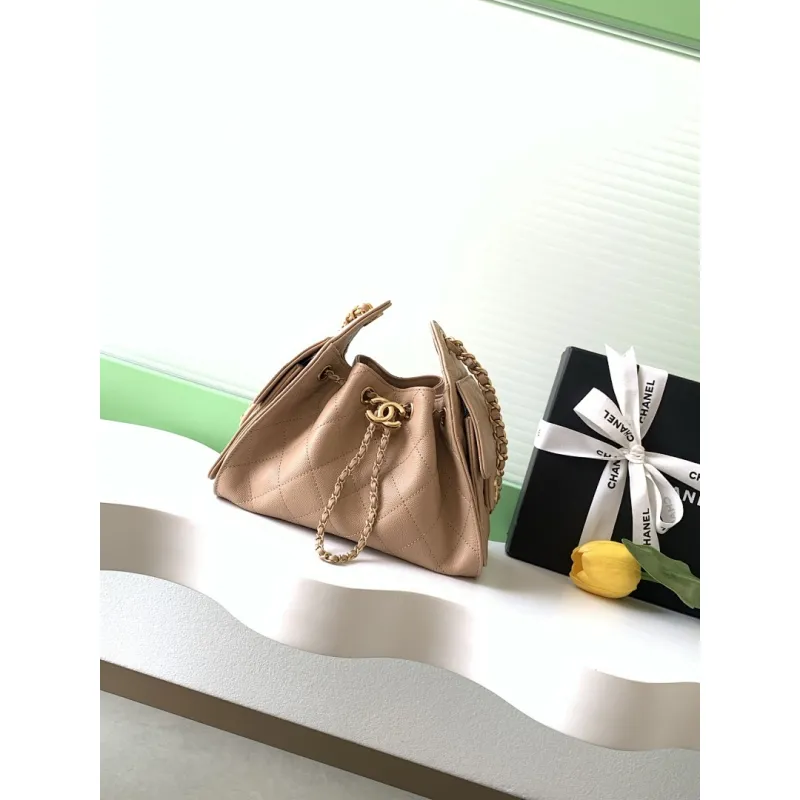 Chanel Hobo Shoulder Bag  Hippie Style Vintage Gold Coin Button Drawstring Bucket Bag #A59440