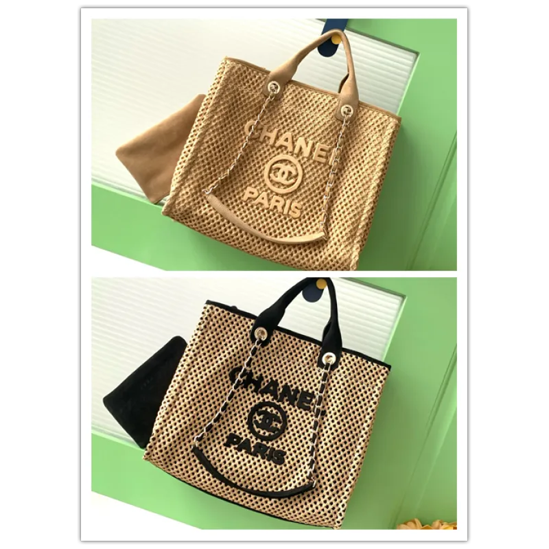 Chanel Woven Tote Textured Raffia Signature Logo &amp Chain Embracing Summer Elegance size38 #A54203