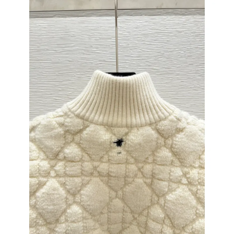 2025 D-ior Ecru Cannage Knit Cropped Zip-Up Cardigan #A54549 2025 D-ior Ecru Cannage Knit Cropped Zip-Up Cardigan #A54549