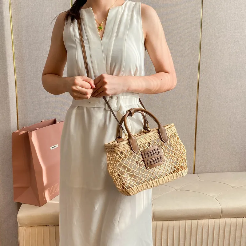 Miu Miu Woven Rattan Handbag With Leather Trim And Brand Plaque #A50907