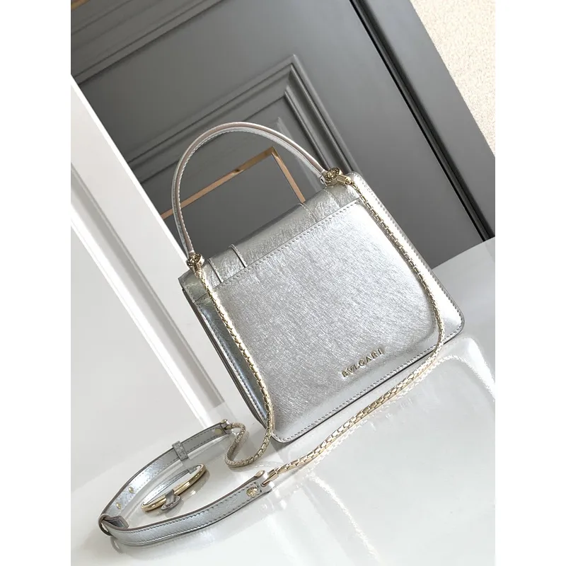 Bvlgari Serpenti Metallic Silver Top Handle Bag With Iconic Motif #A51653