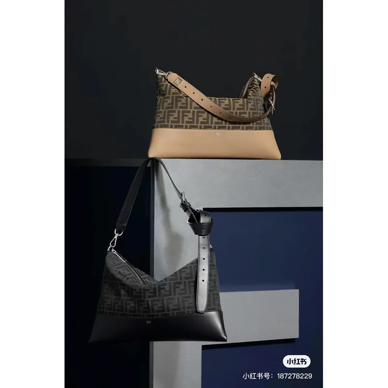 Fendi Brown And Beige FF Logo Jacquard Fabric Shoulder Bag With Leather Trims size:34×22 #A54307 Fendi Brown And Beige FF Logo Jacquard Fabric Shoulder Bag With Leather Trims size:34×22 #A54307