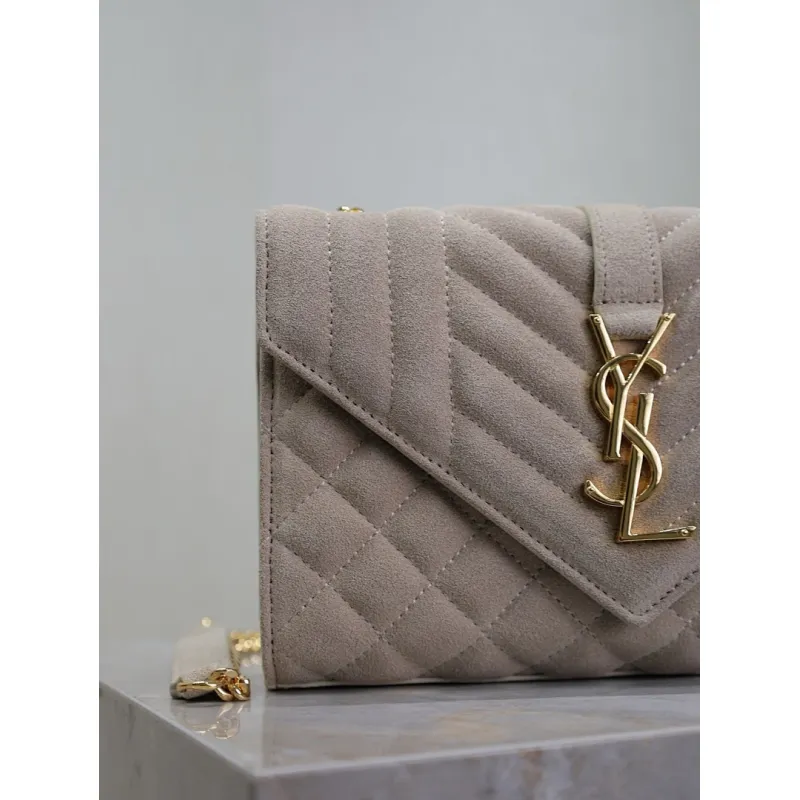 SAINT LAURENT Cassandra Envelope Crossbody Bag Set – Tan Leather-Suede & Black Velvet with Gold YSL Logo (Detachable Chain Strap) #A58774