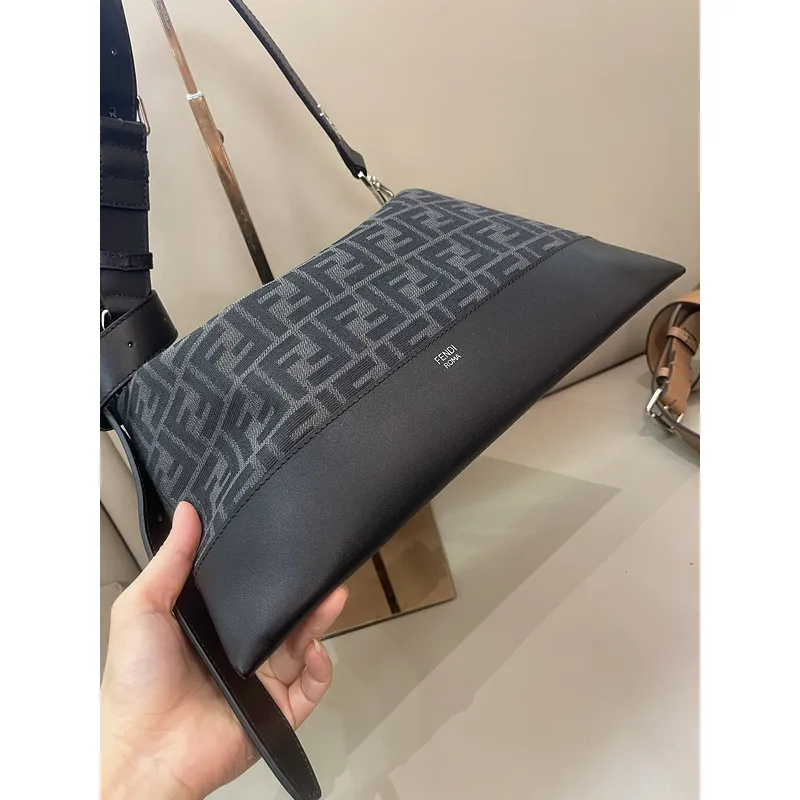 Fendi Brown And Beige FF Logo Jacquard Fabric Shoulder Bag With Leather Trims size:34×22 #A54307 Fendi Brown And Beige FF Logo Jacquard Fabric Shoulder Bag With Leather Trims size:34×22 #A54307
