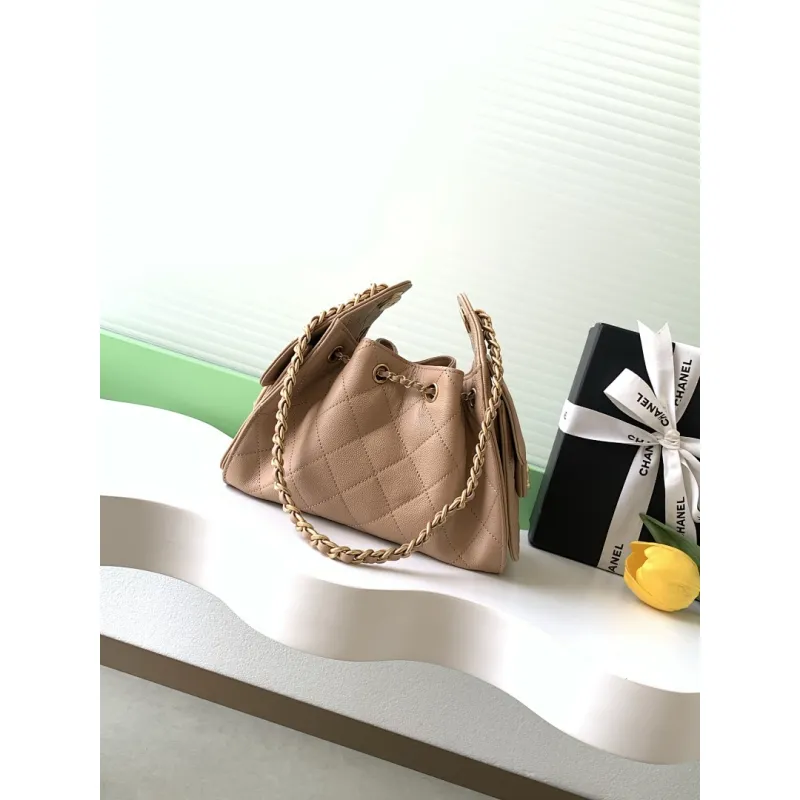 Chanel Hobo Shoulder Bag  Hippie Style Vintage Gold Coin Button Drawstring Bucket Bag #A59440