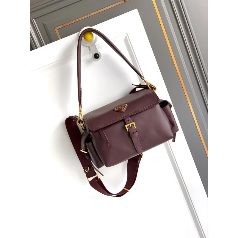 Prada Cahier Messenger Bag (2 Colors) – Burgundy/Black Leather with Gold-Tone Triangle Logo & Buckle Hardware #A59179