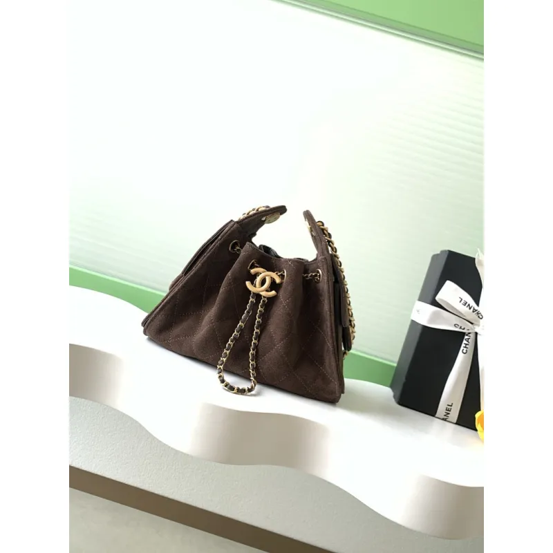 Chanel Mini Suede Bucket Bag  Retro Coin Button  Drawstring  Quilted  Classic Chain #A60143