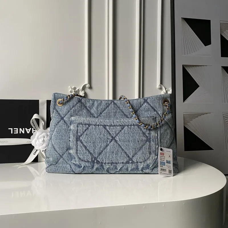 Chanel Womens Denim Tote Bag - Quilted Design, Light Blue Denim Fabric, Gold-Tone CC Logo & Chain Strap with Lock Detail, Spacious Luxury Handbag with Functional Pockets #A56747