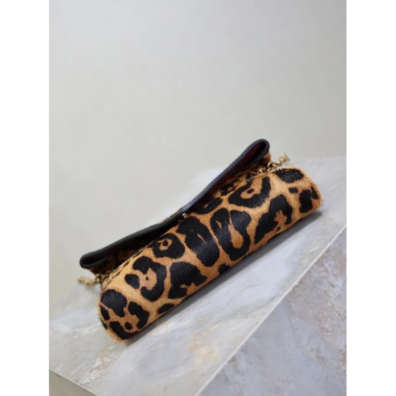 SAINT LAURENT Cassandra Envelope Crossbody Clutch – Leopard-Print Haircalf with Gold YSL Logo (Detachable Chain Strap) #A58783