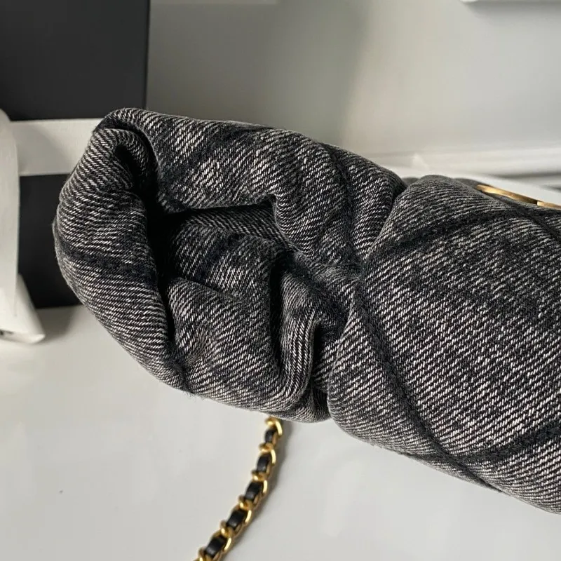 Chanel Womens Top Handle Bag - Gray Textured Fabric with Quilted Design, Gold-Tone CC Logo & Chain Strap, Luxurious Handbag for Fashion-Forward Style #A56746