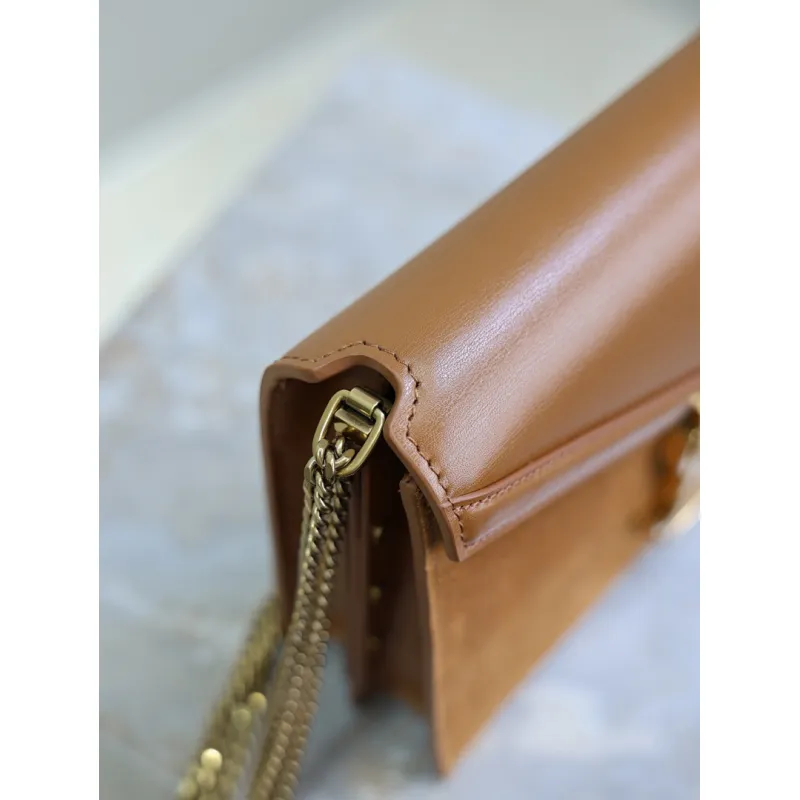 SAINT LAURENT Cassandra Envelope Crossbody Bag Set – Tan Leather-Suede & Black Velvet with Gold YSL Logo (Detachable Chain Strap) #A58773