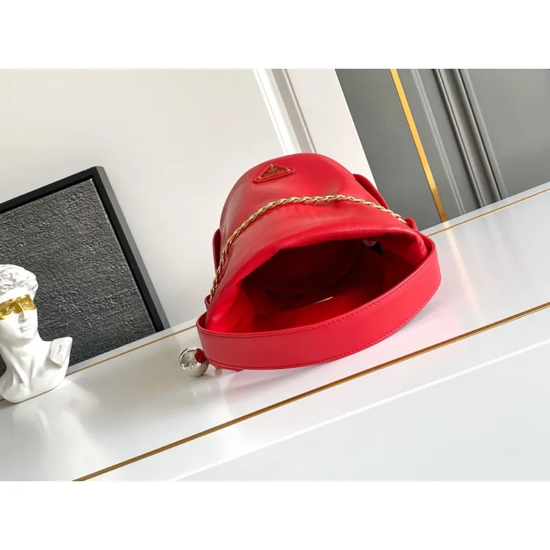 Prada Re-Edition Bucket Bag (4 Colors) – Red/Black/White/Brown Fabric with Gold-Tone Chain & Triangle Logo #A59177 Prada Re-Edition Bucket Bag (4 Colors) – Red/Black/White/Brown Fabric with Gold-Tone Chain & Triangle Logo #A59177