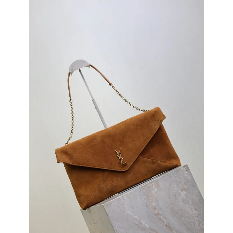 SAINT LAURENT Cassandra Large Envelope Shoulder Bag – Tan Suede with Gold YSL Logo (Detachable Chain Strap) #A58782