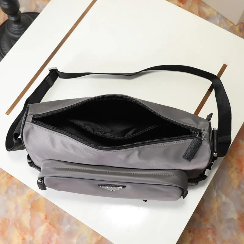 Prada Mens Dark Gray Re-Nylon Crossbody Messenger Bag with Detachable Pouch – Iconic Triangle Logo Adjustable Strap #A58757