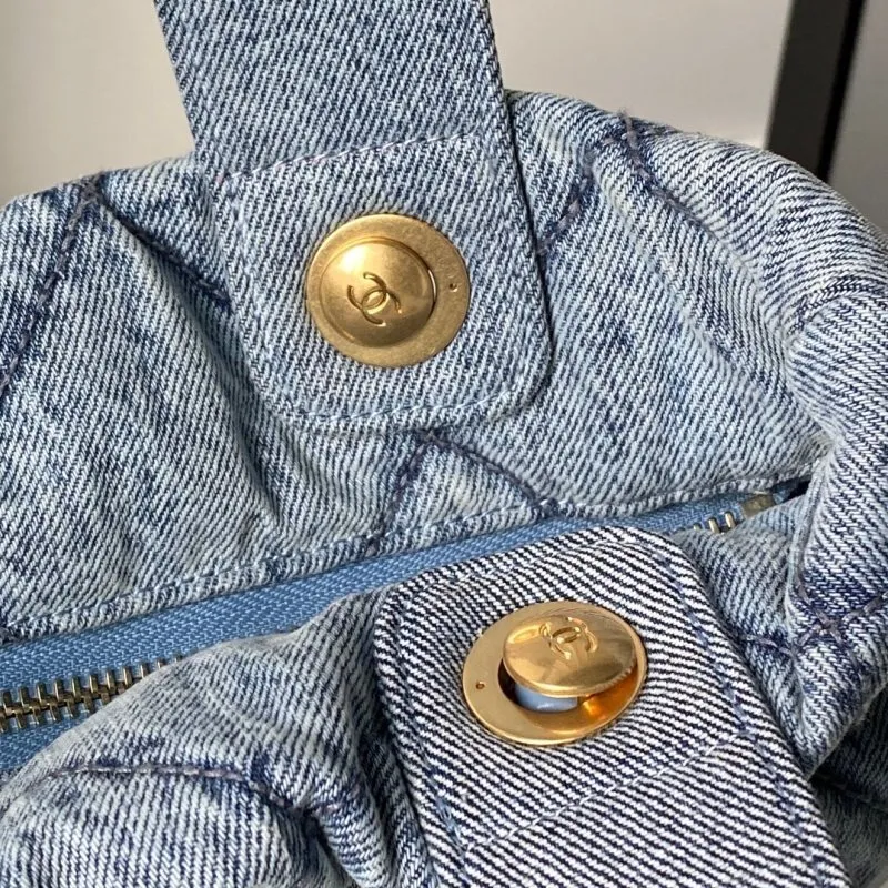 Chanel Womens Denim Handbag - Quilted Design, Blue Denim Fabric, Gold-Tone CC Logo & Chain Strap, Stylish Top-Handle Bag for Luxury Fashion #A56745