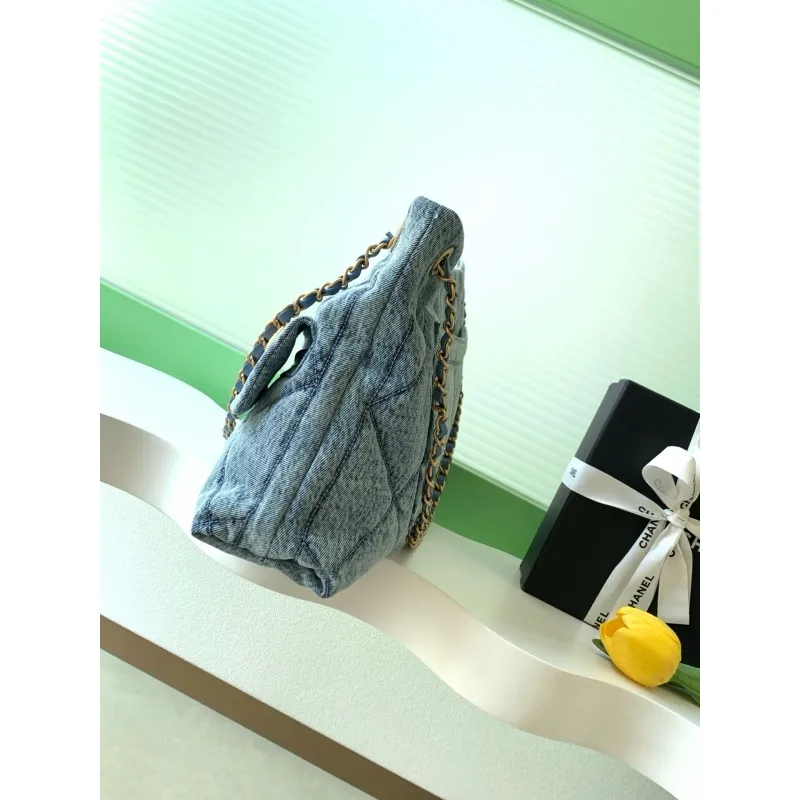 Chanel Womens Denim Shoulder Bag - Quilted Design, Gold-Tone CC Logo & Chain Strap, Stylish Denim Flap Bag with Functional Pockets for Luxury Fashion #A56742