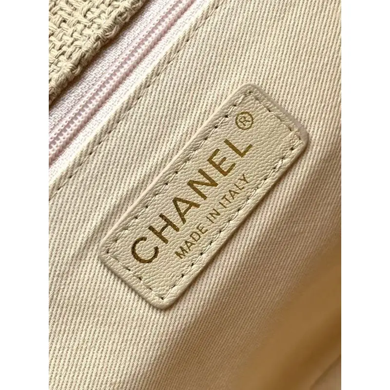 Chanel Womens Evening Bag - Beige Textured Fabric with Fringe Details, Gold-Tone CC Logo & Chain Strap, Luxury Clutch for Elegant Occasions #A56743