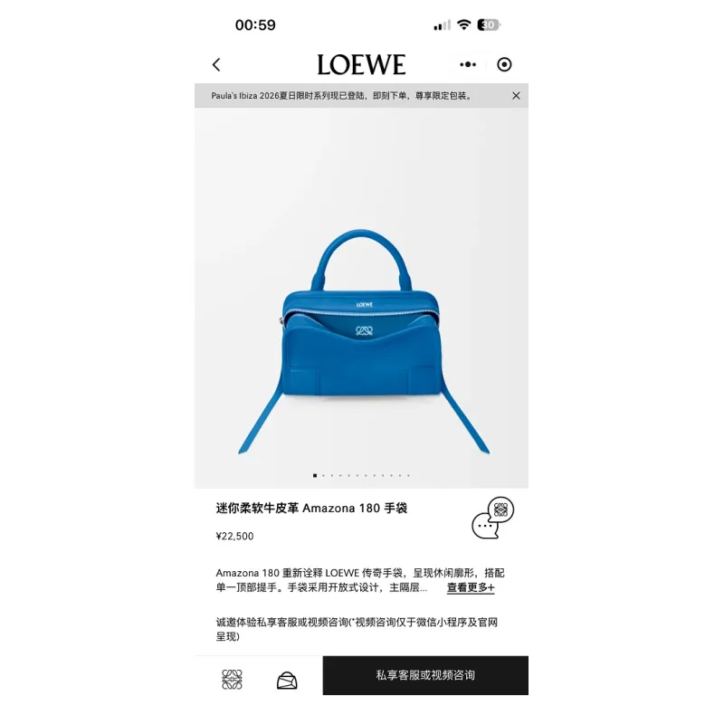 Loewe Amazona 180 Blue Leather Top Handle Bag 34.5x14x27cm #A64991