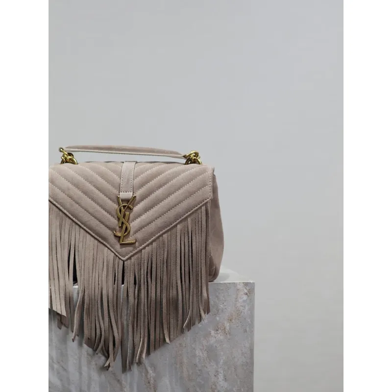 SAINT LAURENT Loulou Fringe Medium Shoulder Bag – Dusty Beige Suede with Chevron Quilt & Gold YSL Logo (Convertible Chain Strap) #A58779